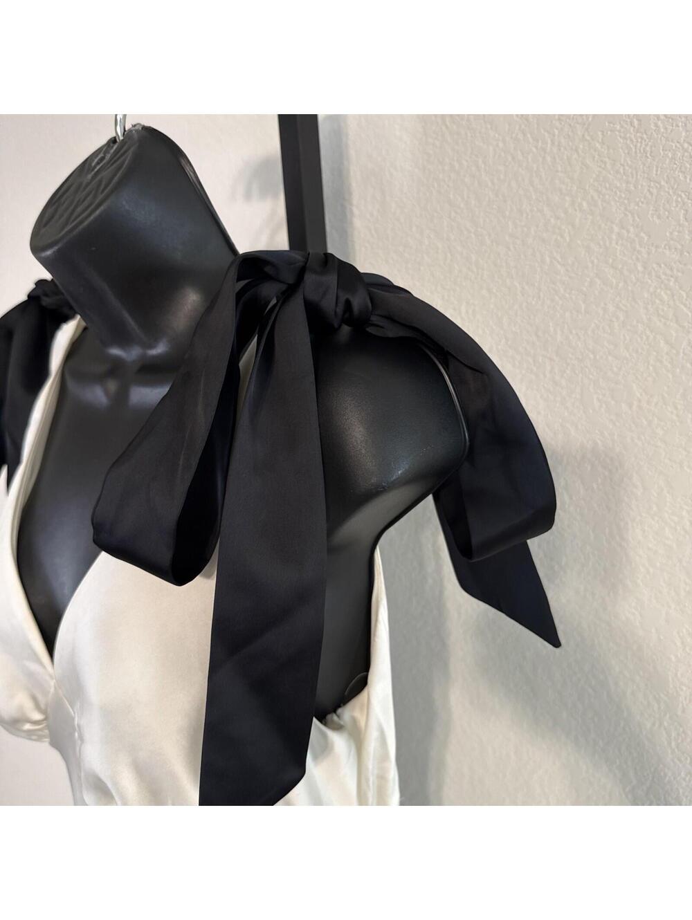 Express Cream Satin V-Neck Midi Cami Slip Dress w/ Black Ties on Shoulder - MED - Picture 3 of 13